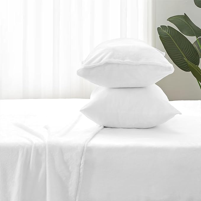 BEDELITE Flannel Sheets Queen Size Bright White - Super Soft Fleece Sheets Set Fluffy Extra Plush, 4 Piece(Include Fitted Sheet, Flat Sheet, 2 Pillowcases)