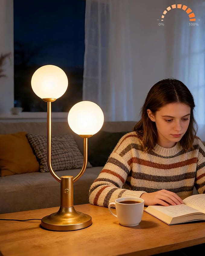 Gold Globe Table Lamp for Bedroom 2-Light Mid Century Modern Desk Lamp for Reading 3000K Warmwhite Dimmable Bedside Lamps Nightstand Lamp (G9 Bulb Included)