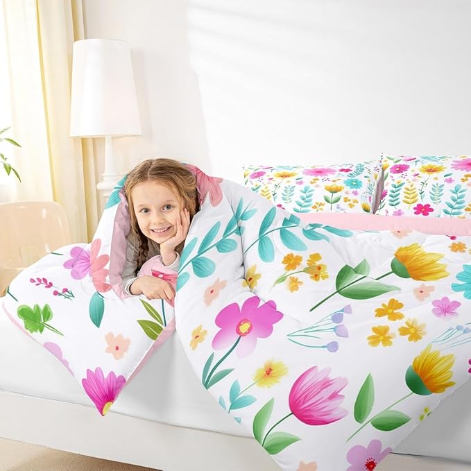 Manfei Watercolor Floral Comforter Set King Size,Botanical Flower Leaves Bedding Set 3pcs,Cartoon Cute Blossom Down Comforter for All Season,Kids Boys Girls Room Decor,2 Pillowcases,No Sheets