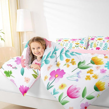 Manfei Watercolor Floral Comforter Set Queen Size,Botanical Flower Leaves Bedding Set 3pcs,Cartoon Cute Blossom Down Comforter for All Season,Kids Boys Girls Room Decor,2 Pillowcases,No Sheets