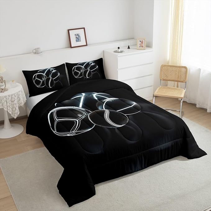 Feelyou Football Comforter Set Toddler Size Basketball Comforter for Boys Girls Teens Rugby Sports Bedding Set Ball Game Duvet Set Room Decor Earth Black Mixed Ball Quilt Set
