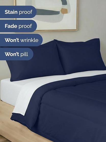 Full Comforter Set - 3 Piece Bed Set for All Seasons - 1 Soft Quilted Comforter w/ Corner Tabs & 2 Pillow Shams - Comfy, Cozy & Breathable - Premium Down Duvet Insert - Oeko-TEX - Full Size, Navy Blue