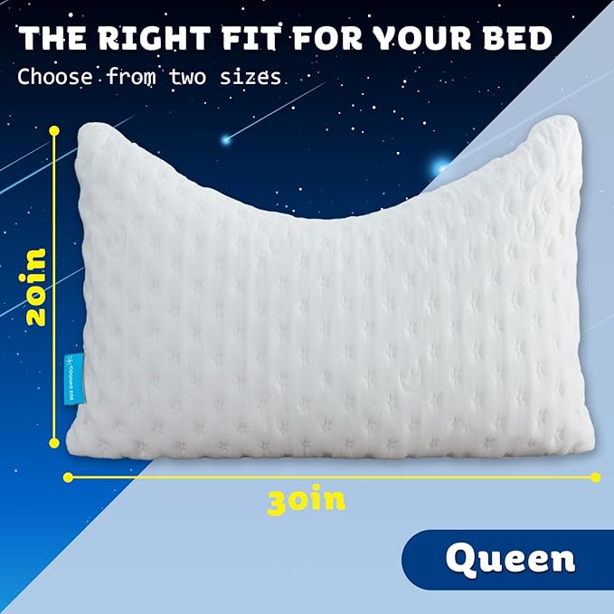 Cooling Side Sleeper Pillow for Neck and Shoulder Pain, Luxury Shredded Memory Foam Curved Bed Pillows for Sleeping Set of 2- Adjustable Queen Size- Washable Cover Crescent White