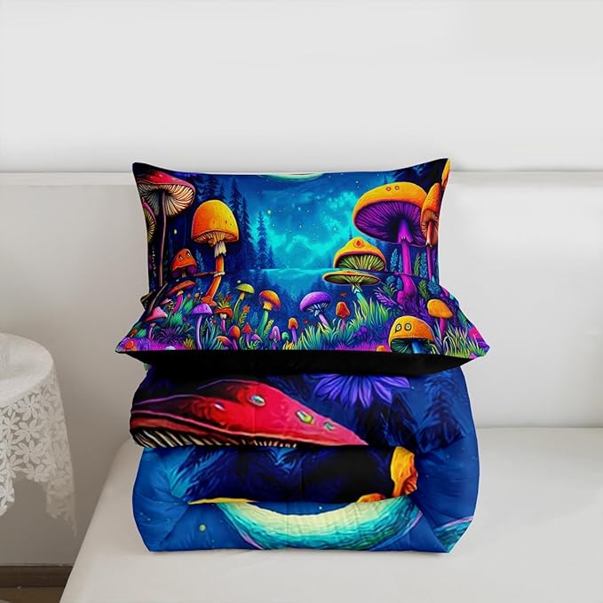 Mushroom Kids Bedding Set Queen Size,Star Moonlight Galaxy Magical Comforter Set，Mysterious Plant Quilt Comforter,Colorful Bedroom Duvet Insert,2 Pillowcases