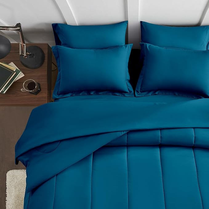 Maple&Stone Queen Size Comforter Set 7 Pieces Bed in a Bag - Down Alternative Bed Set with Sheets, Pillowcases & Shams, Soft Reversible Duvet Insert for Queen Bed, Teal