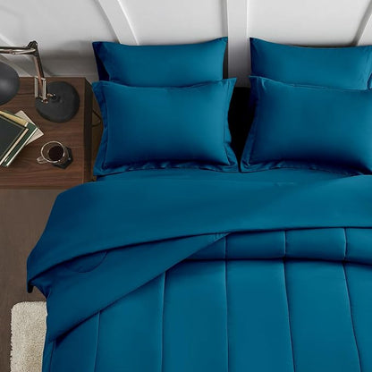 Maple&Stone Queen Size Comforter Set 7 Pieces Bed in a Bag - Down Alternative Bed Set with Sheets, Pillowcases & Shams, Soft Reversible Duvet Insert for Queen Bed, Teal