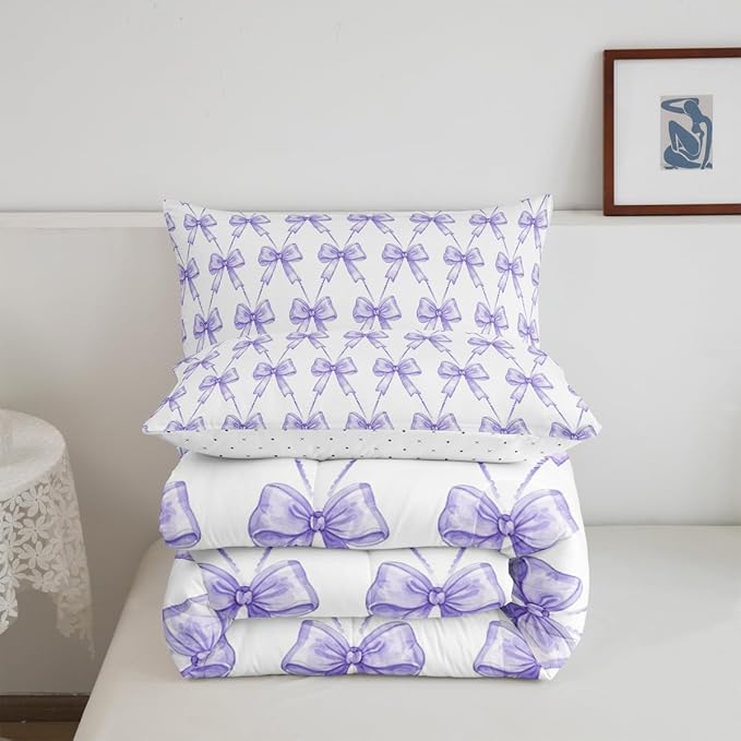 Feelyou Purple Bow Comforter Set Queen Size Cute Bowknot Bedding Set Boys Girls Kawaii Comforter for Kids Women Men Bow and Stripes Duvet Set 3Pcs