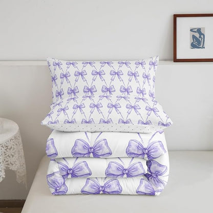 Feelyou Purple Bow Comforter Set Twin Size Cute Bowknot Bedding Set Boys Girls Kawaii Comforter for Kids Women Men Bow and Stripes Duvet 2Pcs