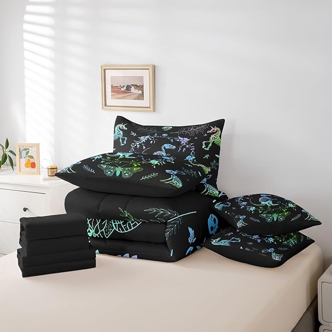 Castle Fairy Dinosaur Bed Sets in a Bag 7 Pieces,Wild Animals Skeleton Butterfly Comforter Set Twin,Bohemian Flowers Leaves Bedding Set with 1 Comforter,2 Sheets,2 Pillowcases & 2 Throw Pillow Covers