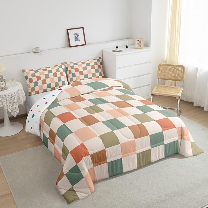 Feelyou Multicolored Checkered Retro Bedding Set Kids Boys Girls Geometric Vintage Comforter Set King Size Ivory White Colorful Duvet Insert Modern Simple Groovy Aesthetic Room Decor