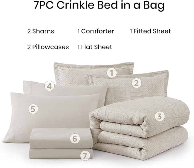 MaiRêve Full Size Comforter Set Beige, Crinkle Textured Design Boho Bedding Set 7 Pieces Bed in A Bag, All Season Geometric Comforter Set with Sheets, Pillowcases & Shams