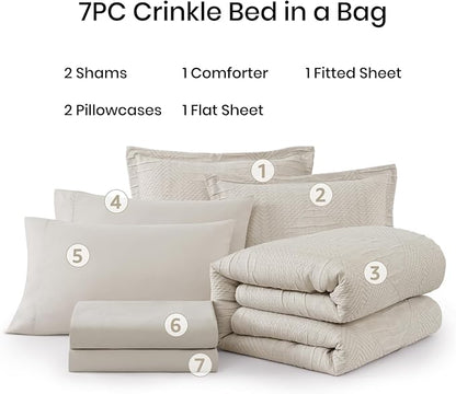 MaiRêve Full Size Comforter Set Beige, Crinkle Textured Design Boho Bedding Set 7 Pieces Bed in A Bag, All Season Geometric Comforter Set with Sheets, Pillowcases & Shams