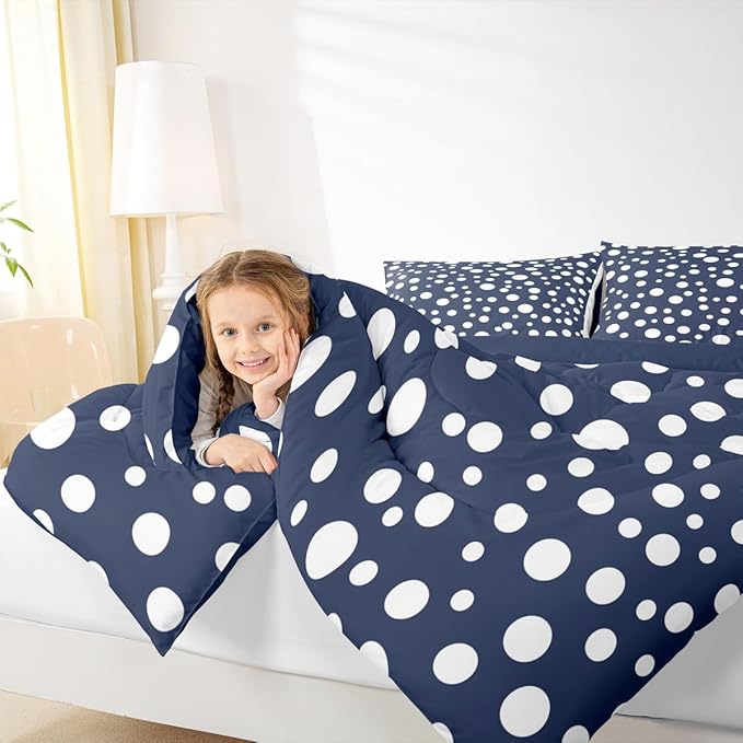 Manfei White Polka Dots Comforter Set Queen Size 3 Pcs,French Style Cute Dots Print Bedding Set,Geometric Circles Navy White Simple Quilt Set for Young Adults,2 Pillowcases