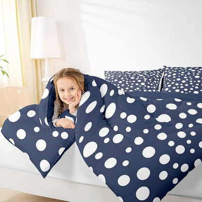 Manfei White Polka Dots Comforter Set Queen Size 3 Pcs,French Style Cute Dots Print Bedding Set,Geometric Circles Navy White Simple Quilt Set for Young Adults,2 Pillowcases