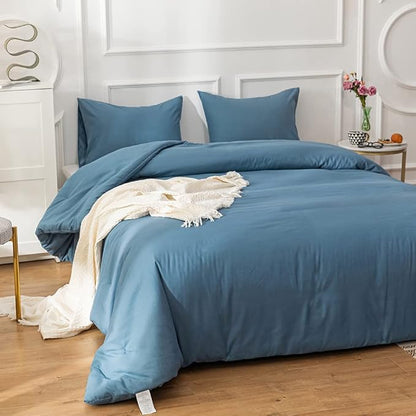 Pureant Blue Comforter Set Full Size Dusty Blue Bedding Comforter Sets for Women Men Cotton Lake Blue Full Comforter Soft Adults Grayish Comforter Sets Solid Color Quilt Breathable