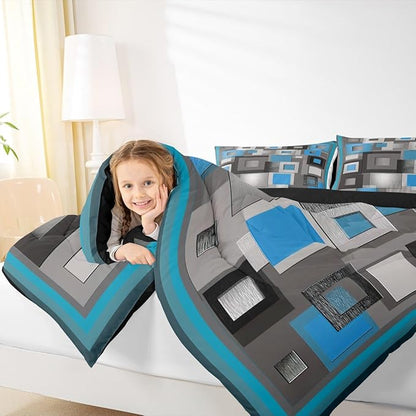 Castle Fairy Geometric Grid Full Size Comforter Set,Blue White and Gray Bedding Set for Adults Teens,Children Modern Abstract Comforter Luxury Geometric Square Splicing Quilt Set Room Decor 3Pcs