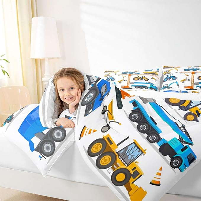 Excavator Comforter Set Queen Tractor Bedding Set For Teens Child Construction Trucks Down Comforter Yellow Blue Machinery Vehicle Equipment Truck Room Decor Forklift Bulldozer Crane Quilted Duvet