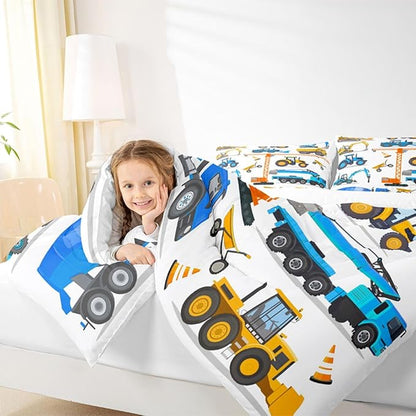 Excavator Comforter Set Queen Tractor Bedding Set For Teens Child Construction Trucks Down Comforter Yellow Blue Machinery Vehicle Equipment Truck Room Decor Forklift Bulldozer Crane Quilted Duvet