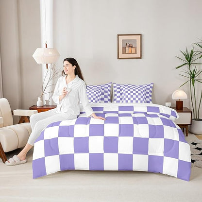 Feelyou Checkered Retro Comforter Set with Sheets 7 Piece King Size Purple Plaid Bedding Set for Kids Boys Girls Geometric Vintage Bed in a Bag Modern Simple Groovy Aesthetic Room Decor Soft
