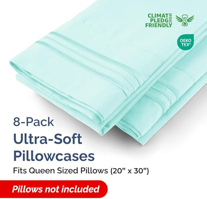Queen Pillow Cases Set of 8 - Ultra Soft Hotel Quality Pillowcase Covers - Comfy, Cozy & Wrinkle Free - Shrink, Stain and Fade Resistant - Machine Washable Pillow Protectors - 8 Piece Set - Spa Blue