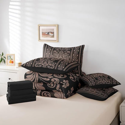 Comforter Set Full Size, Chocolate Brown Damask Aztec 7 Pcs Bedding for Kids Adults, Antique Decor Western Baroque Gothic Bed Sheet Sets with Fitted Sheet 2 Pillowcases & 2 Shams for Bedroom Bed Decor