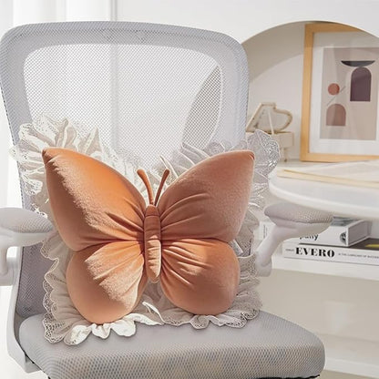 Butterfly Throw Pillow,21.6 inch Velvet Butterfly Decorative Pillow with Lace Trim,Animal Pillow for Couch Living Room Bed,Home Garden Decor (Orange)