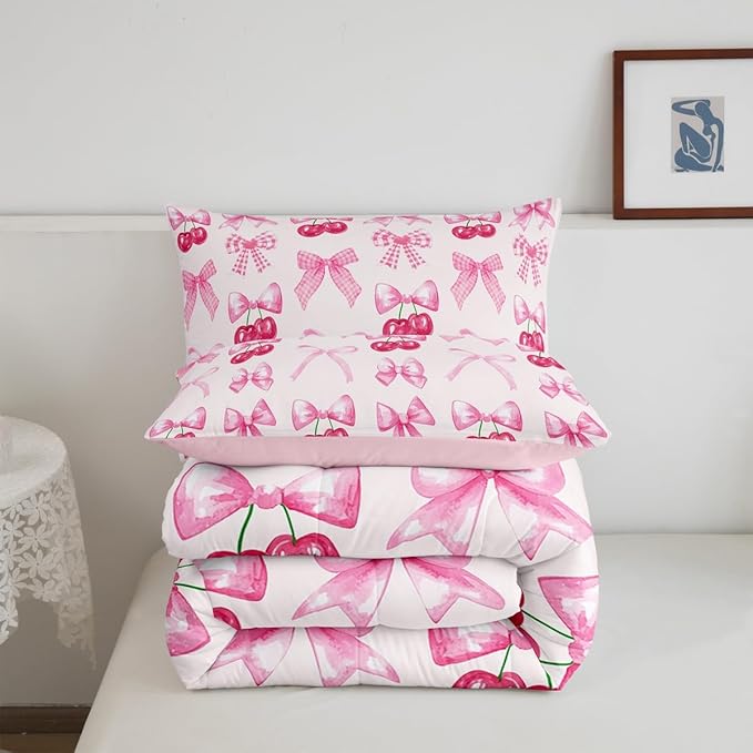 Erosebridal Pink Plaid Bow Bedding Comforter Sets Twin Cute Bowknot Comforter Set Girls Grids Ribbon Bow Cherry Bedding Set Kawaii Watercolor Duvet Insert for Kids Teen Women Room Decor 2 Pcs