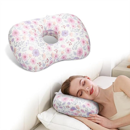 Ear Piercing Pillow for Side Sleepers, Pillow with an Ear Hole for CNH and Ear Pain Ear Inflammation Pressure Sores (Pink Flowers, 17.3"x12.6"x2")