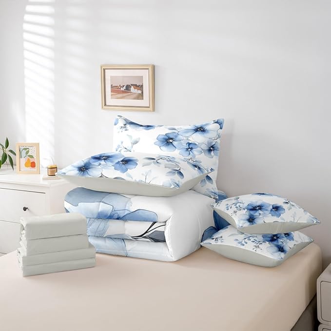 Erosebridal Blue Flower Queen Comforter Set with Sheets for Women, Boho Floral 7 Pcs Bedding Set for Girls, Aesthetic Watercolor Flower Bed Sets, Ink Painting Style Blossom & Leaf Bed in A Bag