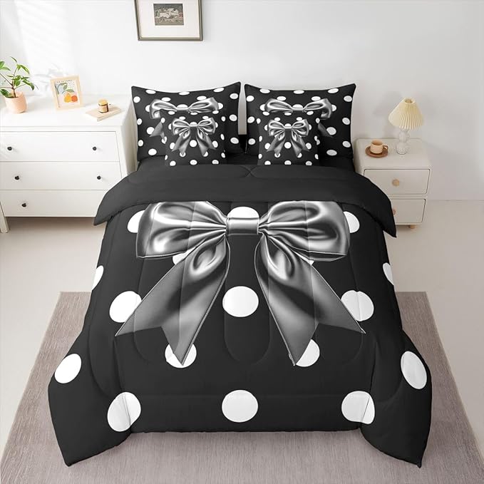 Feelyou Grey Bowknot 7 Piece Bedding Set Polka Point Comforter Set with Sheets for Kids Boys Girls Cute Bow Bed in a Bag Princess Theme Bed Set Soft Lightweight
