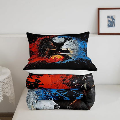Yin Yang Bedding Comforter Sets Toddler,Wolf Fighting White Black Bedding Set for Bedroom Decoration,Gothic Starry Galaxy Moon with 1 Comforter and 1 Pillow Case Bedroom Decor