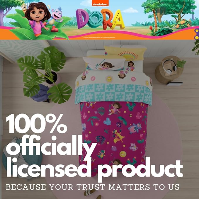 Dora The Explorer Kids Bedding Set Super Soft & Cozy Reversible Microfiber Comforter and Sheet Set with Sham, 7 Piece Full Size, (Officially Licensed Product) by Franco