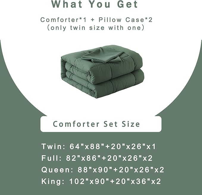 DOWNCOOL Queen Comforter Set -All Season Bedding Comforters Sets with 2 Pillow Cases-3 Pieces Bedding Sets Queen -Down Alternative Sage Green Queen Size Comforter Sets(88"x92")