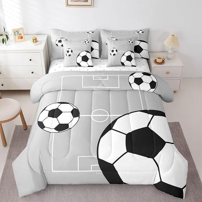 Erosebridal Football 7 Piece Bedding Set Queen Boys Sports Comforter Set with Sheets Soccer Ball Theme Playground Bed in a Bag Football Court Pattern Grey White for Kids Boys Girls