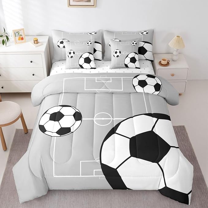 Erosebridal Football 7 Piece Bedding Set Twin Boys Sports Comforter Set with Sheets Soccer Ball Theme Playground Bed in a Bag Football Court Pattern Grey White for Kids Boys Girls