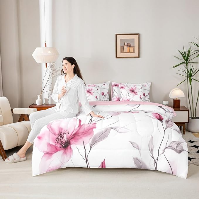 Erosebridal Boho Floral Twin 7 Pcs Bedding Set, Pink Flower Comforter Set with Sheets for Young Women Girls Adults, Elegant Watercolor Floral Bed in A Bag, Ink Painting Style Blossom & Leaf Bed Sets