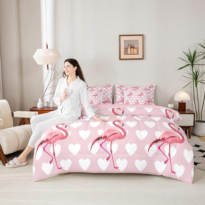 Erosebridal Flamingo Love Hearts Girls Pink King 7-Piece Comforter Set | Kawaii White Cute Animal Sheets and Pillowcases Tropical Wildlife Safari Romantic Bed in A Bag Kids Teens Women Bed Sets