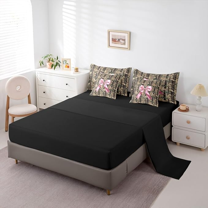 Erosebridal Bowknot Comforter Set Camo Bed in A Bag Queen Size 7 Pieces Hunting Woodland Bow Ribbon Wildlife Deer Bed Set Brown Pink Bedding