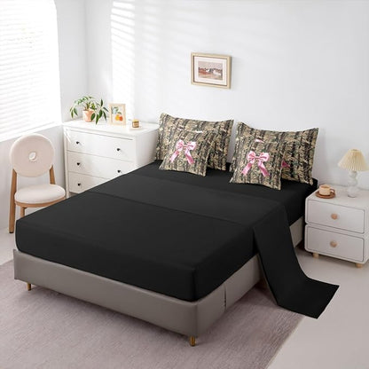 Erosebridal Bowknot Comforter Set Camo Bed in A Bag Queen Size 7 Pieces Hunting Woodland Bow Ribbon Wildlife Deer Bed Set Brown Pink Bedding