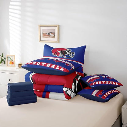 Erosebridal Football City 7 Pcs Comforter Set King Football Bedding for Boys Girls Blue Red Rugby Game Sheet Set Bed in A Bag Football Fans Room Decor Sports Ball Team Bed Set