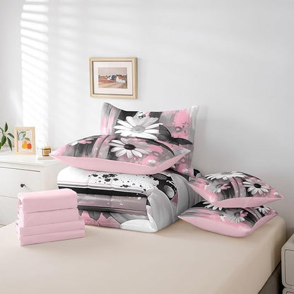 Feelyou Girls Daisy Flower Comforter Set with Sheets King Size 7 Pieces Kids Butterfly Floral Bedding Set for Boys Women Teens Pink Black Simple Modern Abstract Art Bed in a Bag Room Decor