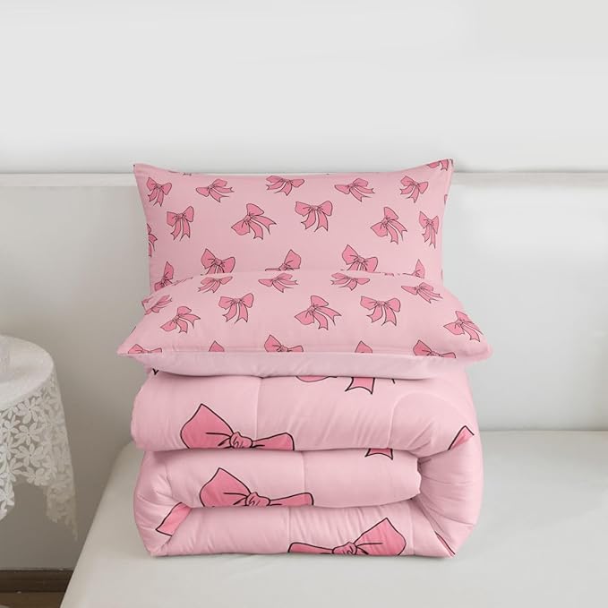 Erosebridal Kids Pink Bow Bedding Set Twin Princess Bows Comforter Set Kawaii Preppy Bowknot Comforter for Girls Women Coquette Room Decor Modern Trendy Girly Aesthetic Quilt Duvet