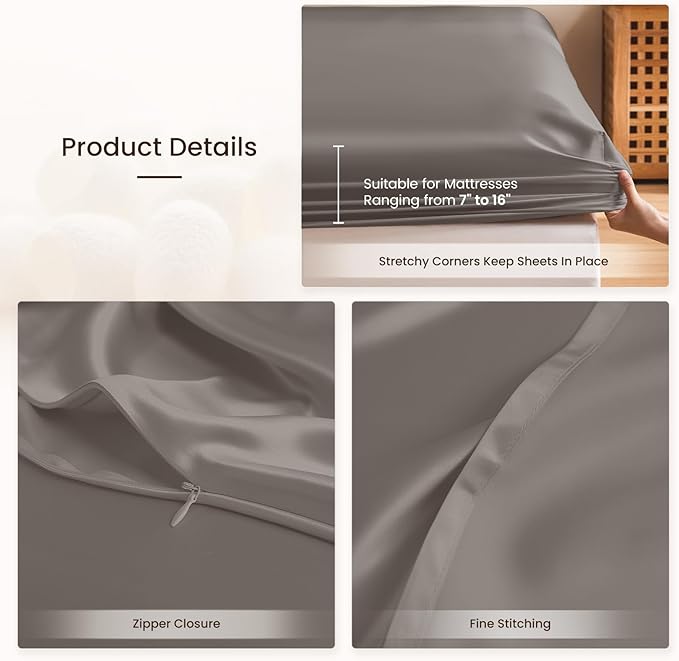 THXSILK 6A+ Top Grade 100% Pure Mulberry Silk King Fitted Sheet 3Pcs Set Bed Sheets Luxury Bedding for Hair and Skin Breathable Natural Materials, 1 Fitted Sheet with 2 Pillowcases, Charcoal