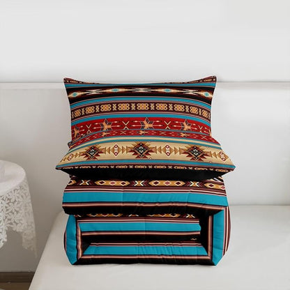 Aztec Bedding Set Ethnic Tribal Arrow Comforter Set,Vintage Southwestern Native Bohemian Quilt Twin,Western Star Duvet Insert Exotic Geometric Diamond Stripes Room Decor,Red Blue Dark Brown