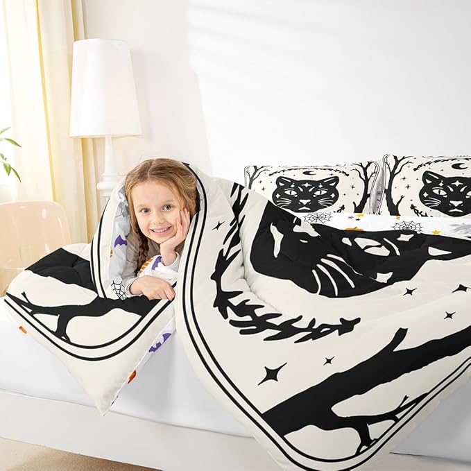 Erosebridal Gothic Cat Comforter Set King, Halloween Cat Decor Bedding Set for Kids Boys Teens Men Gothic Bedroom Decor, Goth Comforter, Sun and Moon Quilt, 3 Piece with 2 Pillowcases