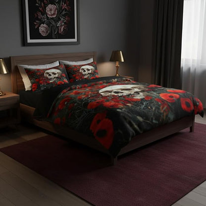 Gothic Skull Comforter Set Queen Size, Black Red Floral Microfiber Bedding Set, Horror Themed Bedroom Decor for Adult/Women