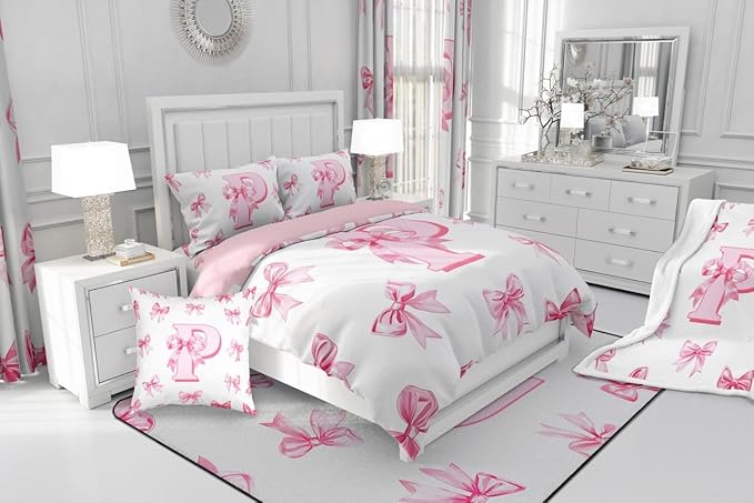 Erosebridal Initial Letter P Bedding Comforter Sets Pink Kawaii Bow Queen Bedding Set for Girls,Dreamy Princess Letter Bowknot Comforter Set for Kids Teen Women Bedroom Decor,Cute Girly Bow Bed Set
