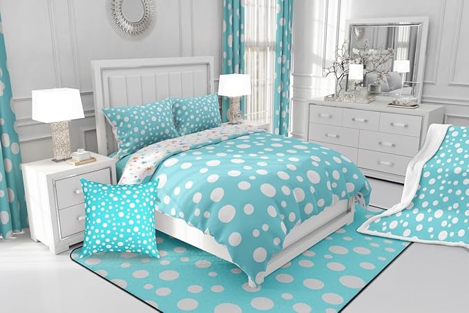 Manfei White Polka Dots Comforter Set,Chic Teal White Geometric Circles Simple Bedding Set for Adults Living Room,French Style Cute Dots Print Quilt Set 3 Pcs with 2 Pillowcases,King