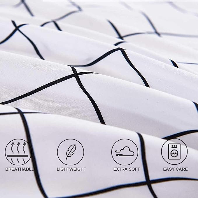 Faincy Queen Comforter Set, White Black Grid Geometric Plaid Pattern Printed Reversible Comforter - Size 90 x 90 3PC Soft Microfiber Duvet Sets 2 Pillowshams Modern Bedding in a Bag for Women Men Teen