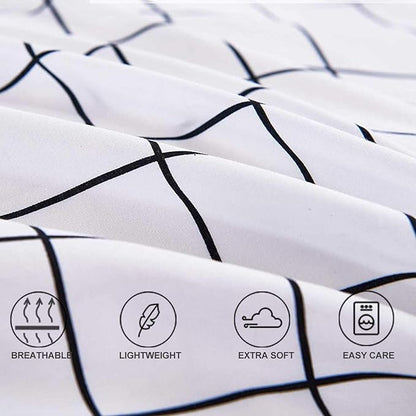 Faincy Queen Comforter Set, White Black Grid Geometric Plaid Pattern Printed Reversible Comforter - Size 90 x 90 3PC Soft Microfiber Duvet Sets 2 Pillowshams Modern Bedding in a Bag for Women Men Teen